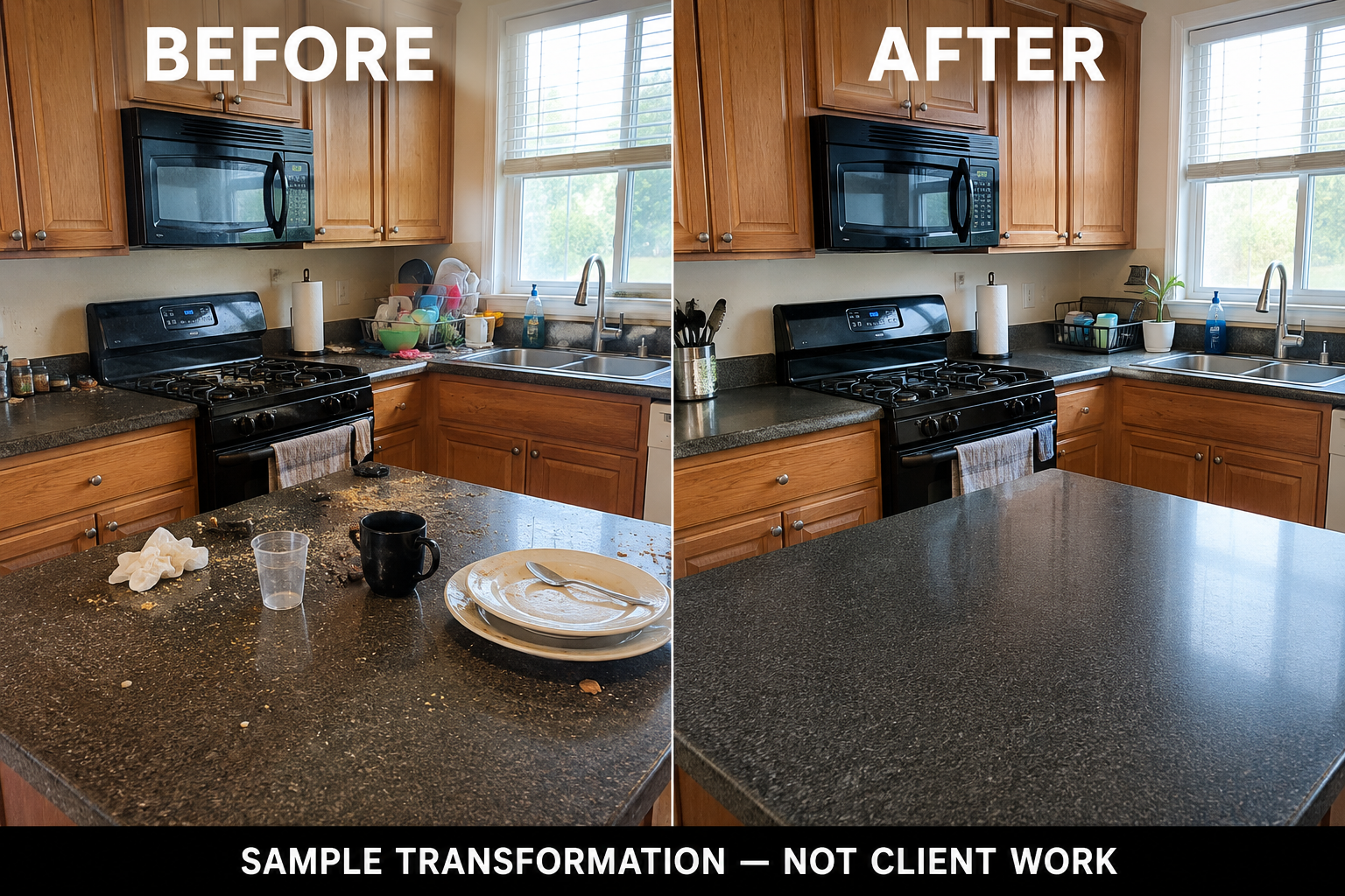 Staged kitchen before and after cleaning example